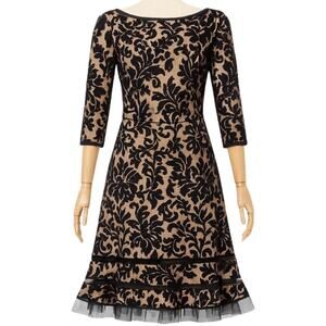 Tadashi Shoji Size 10 A-Line Midi Dress Black Corded‎ Embroidery Tulle Overlay